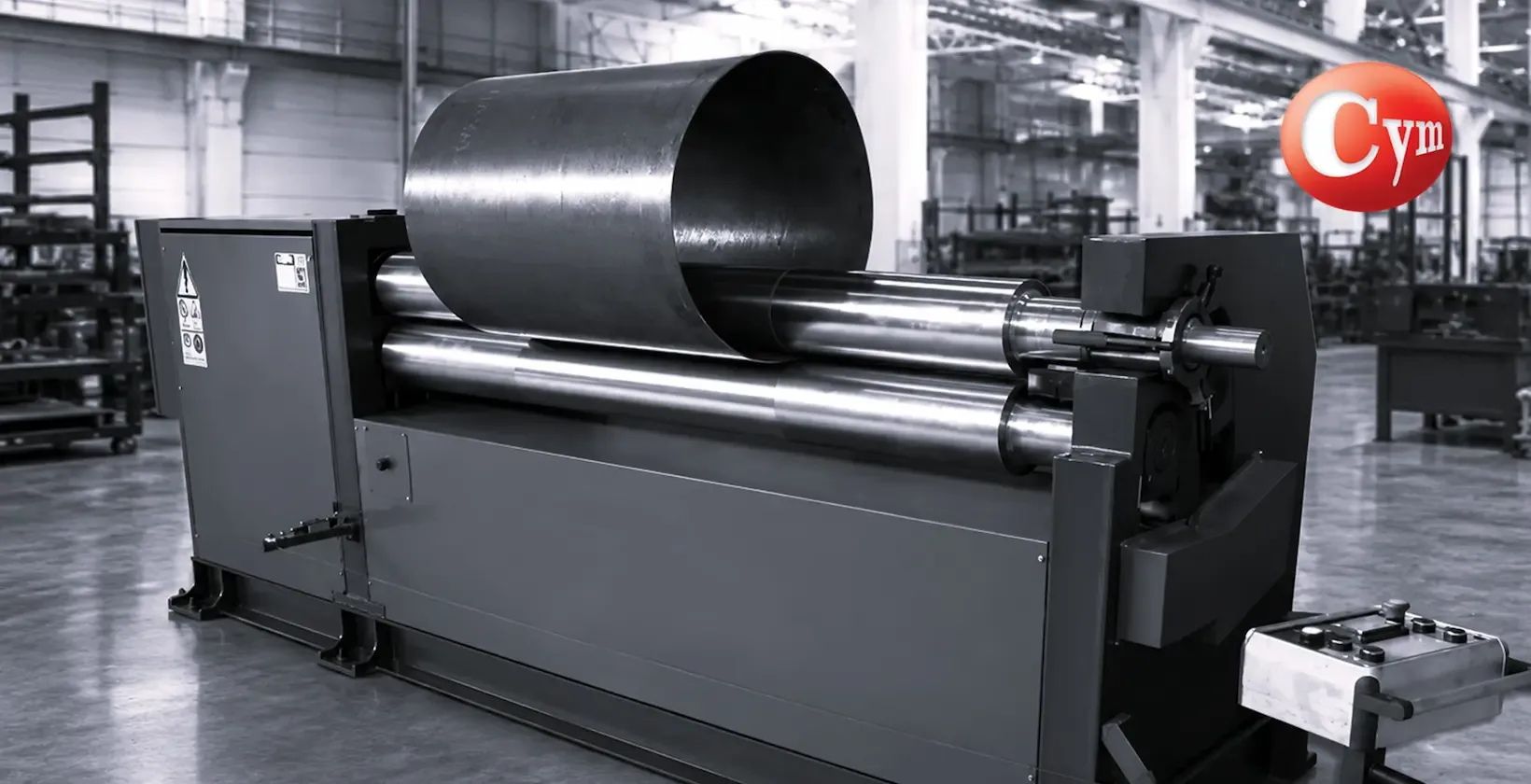 Curvado de cilindro de acero en roladora de tres rodillos CNC en planta metalmecánica, representada por CYM Materiales