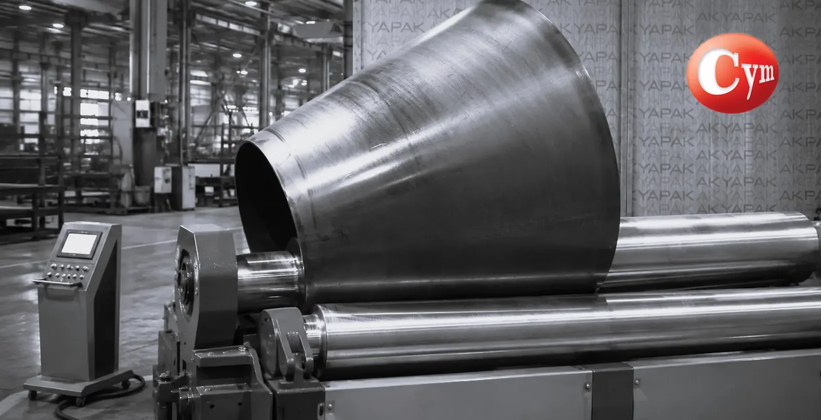 Curvado de cono en chapa de acero con roladora de cuatro rodillos CNC, vista lateral del proceso, CYM Materiales