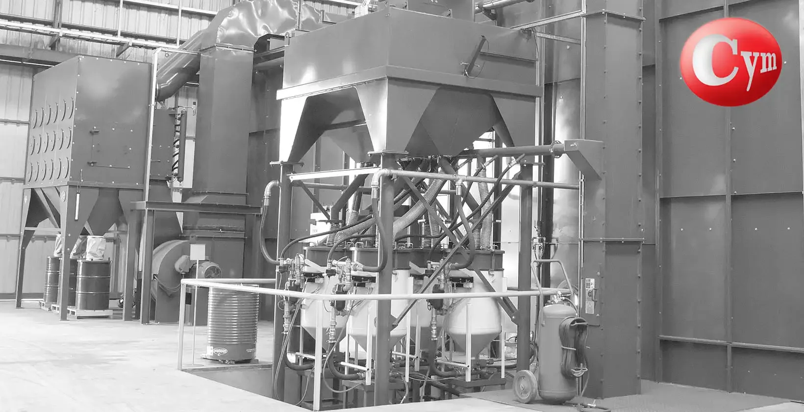 CYM Materiales sistema purificador ARC Estacionario gran capacidad con múltiples blast pots tolvas y colector de polvo