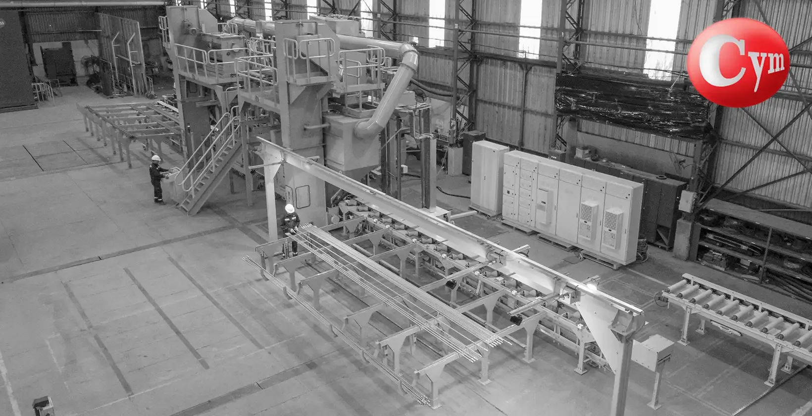 Vista aérea línea shot peening CYM BAR 2×50HP – bancal salida pateadores neumáticos – Metalmecanica Argentina FAT